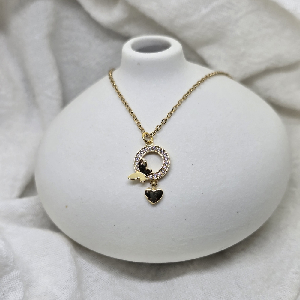 Gold Crystal Circle Pendant Necklace with Heart Charm - Women Jewelry